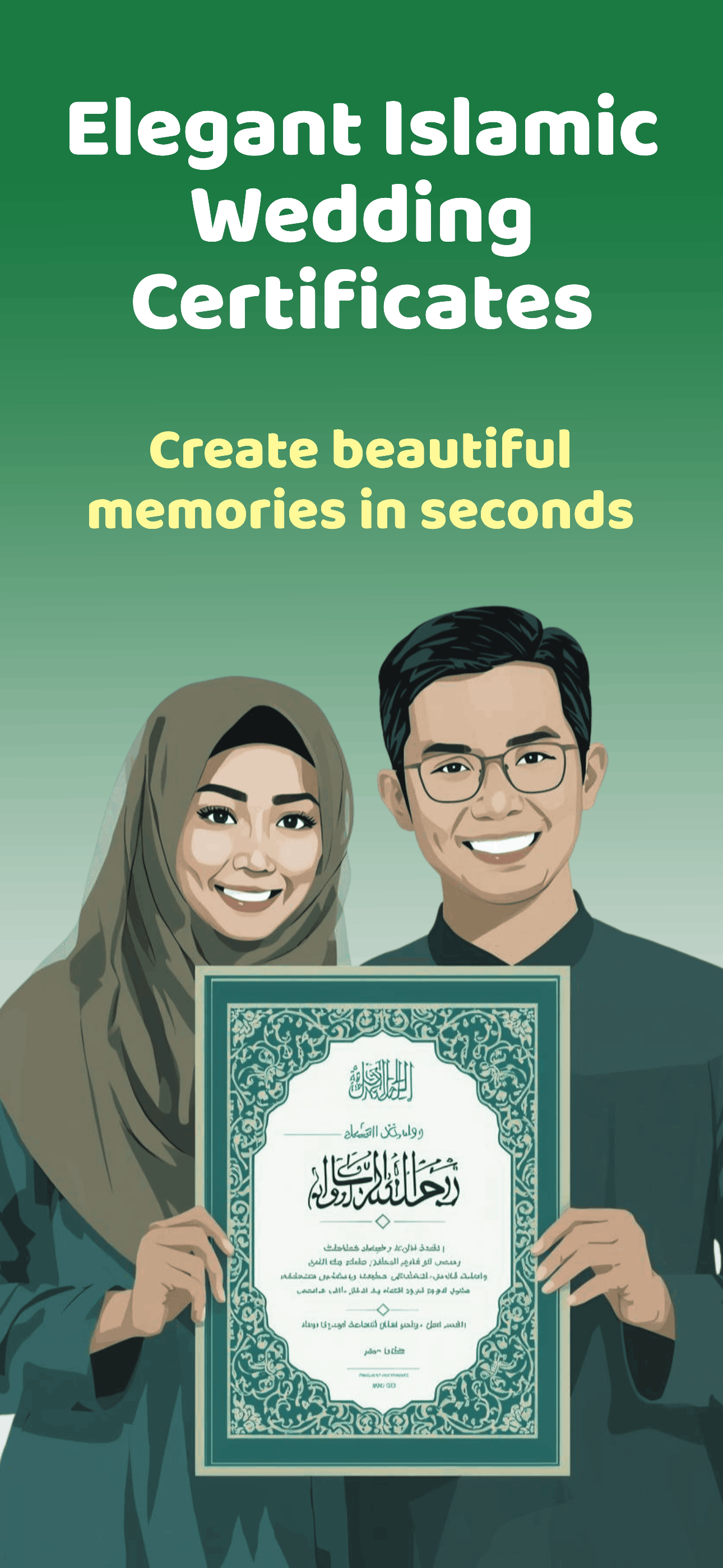 Happy couple holding an elegant Islamic wedding certificate