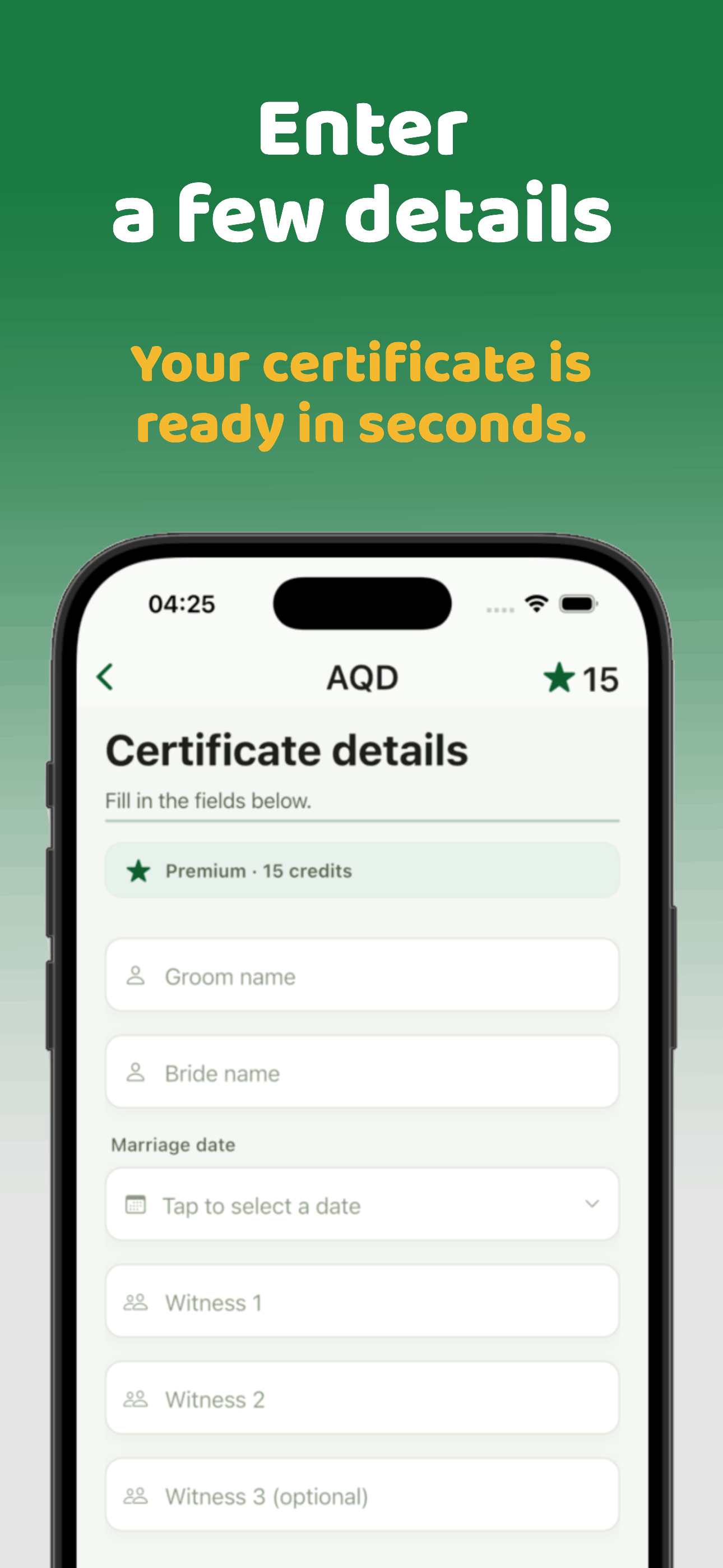 Certificate form: enter a few details