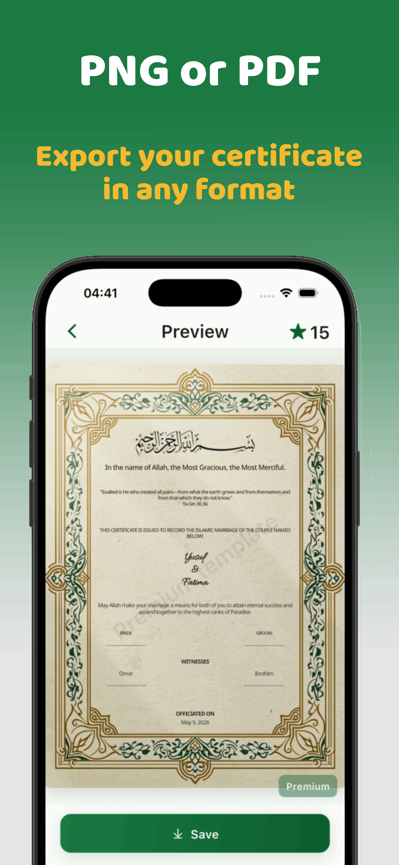 Finished certificate preview — export as PNG or PDF