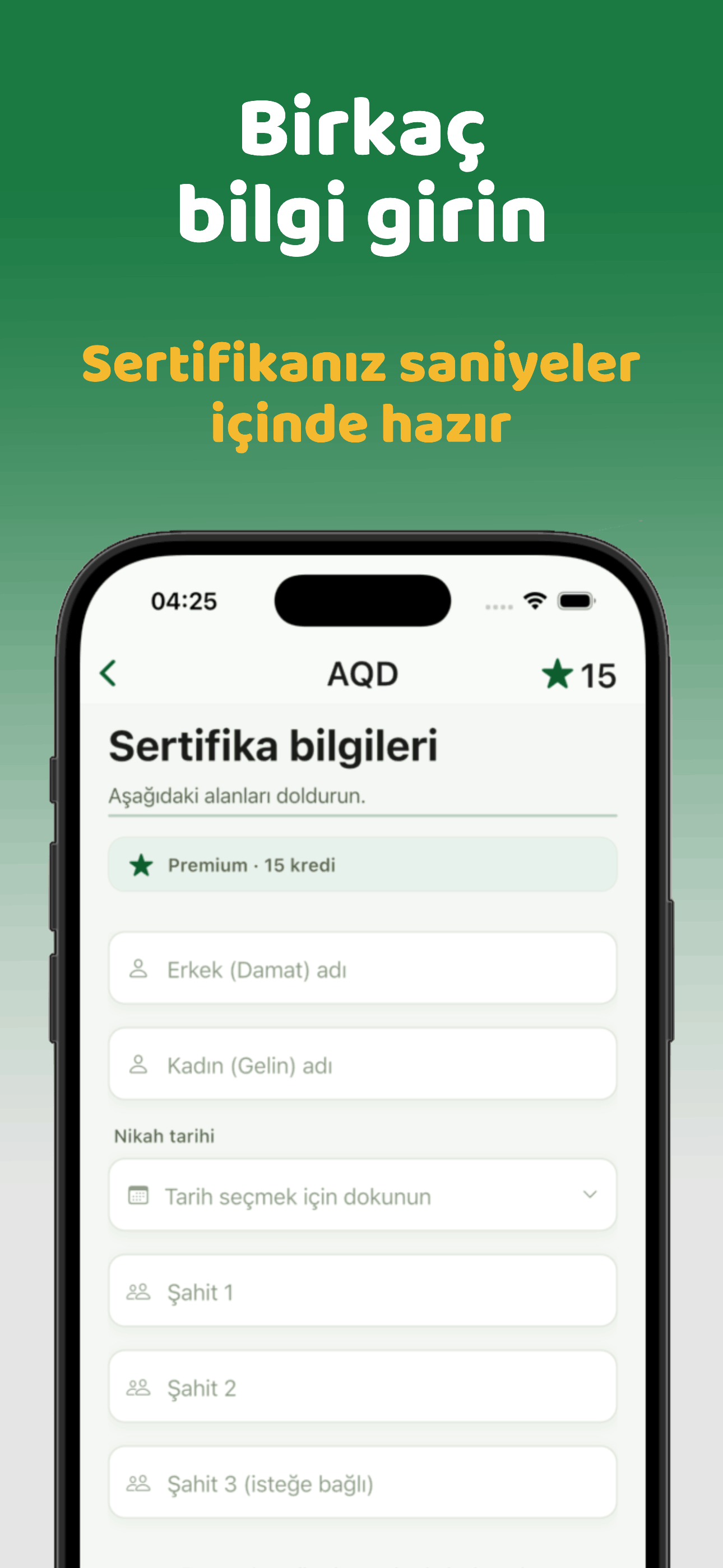 Sertifika formu: birkaç bilgi girin