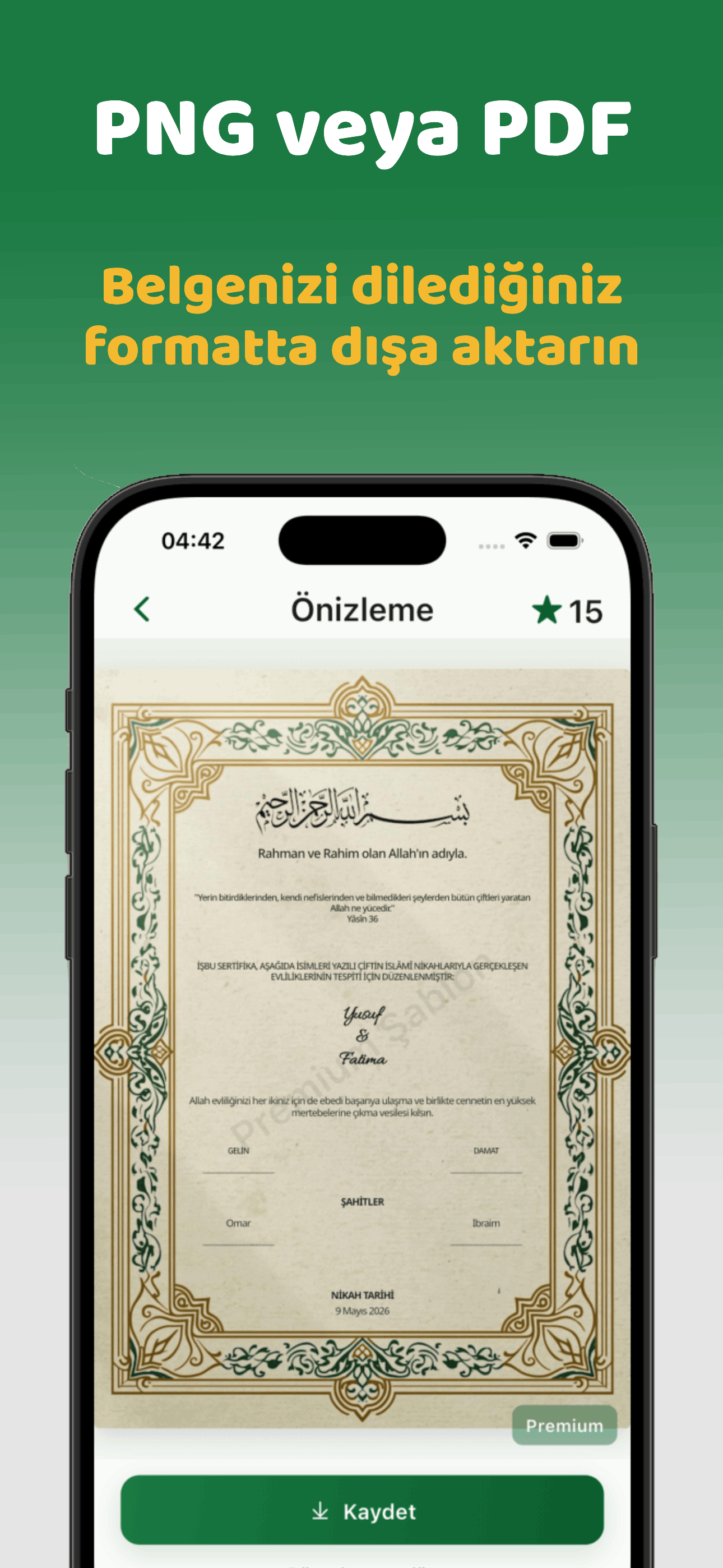 Tamamlanmış sertifika önizlemesi — PNG veya PDF